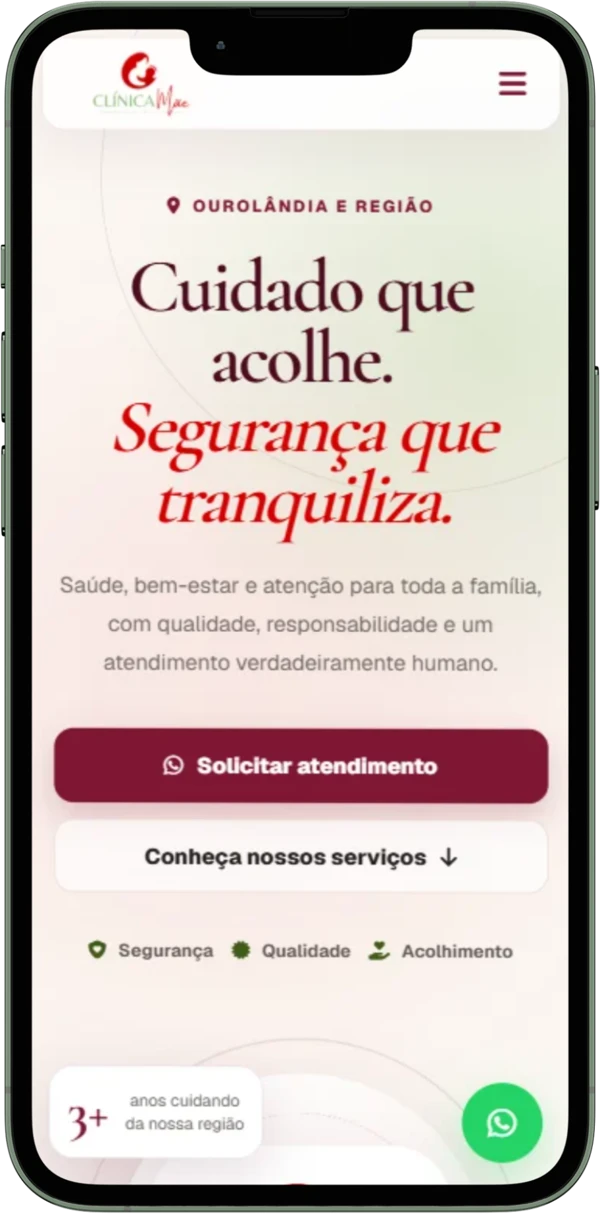 Página real de Clínica Mãe, Saúde, apresentada em um celular completo
