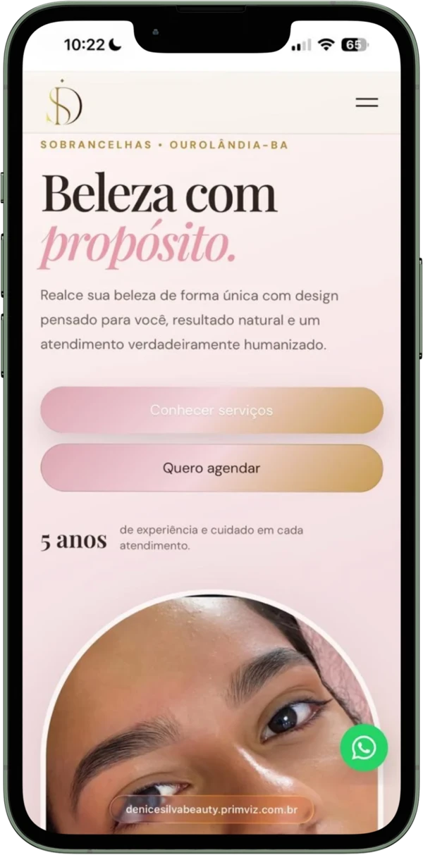 Página real Denice Silva, com identidade clara, rosa e dourada