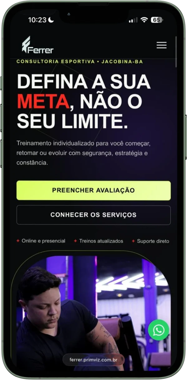 Página real de Ferrer, Personal trainer, apresentada em um celular
